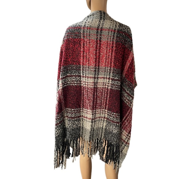 Woolrich red black plaid tunic shrug Fringe one size - Picture 2 of 6
